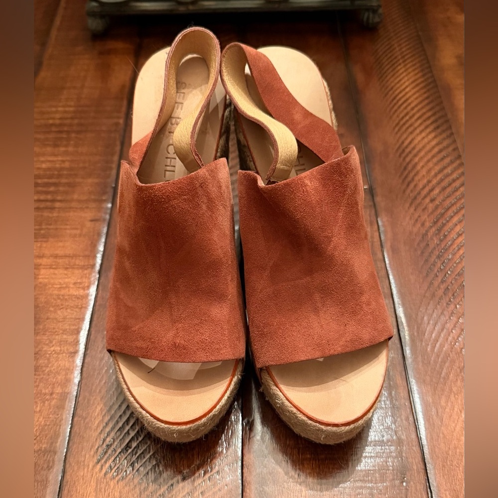 See by Chloé Suede Espadrille Wedge Sandals 39.5 Rust Platform Slingback